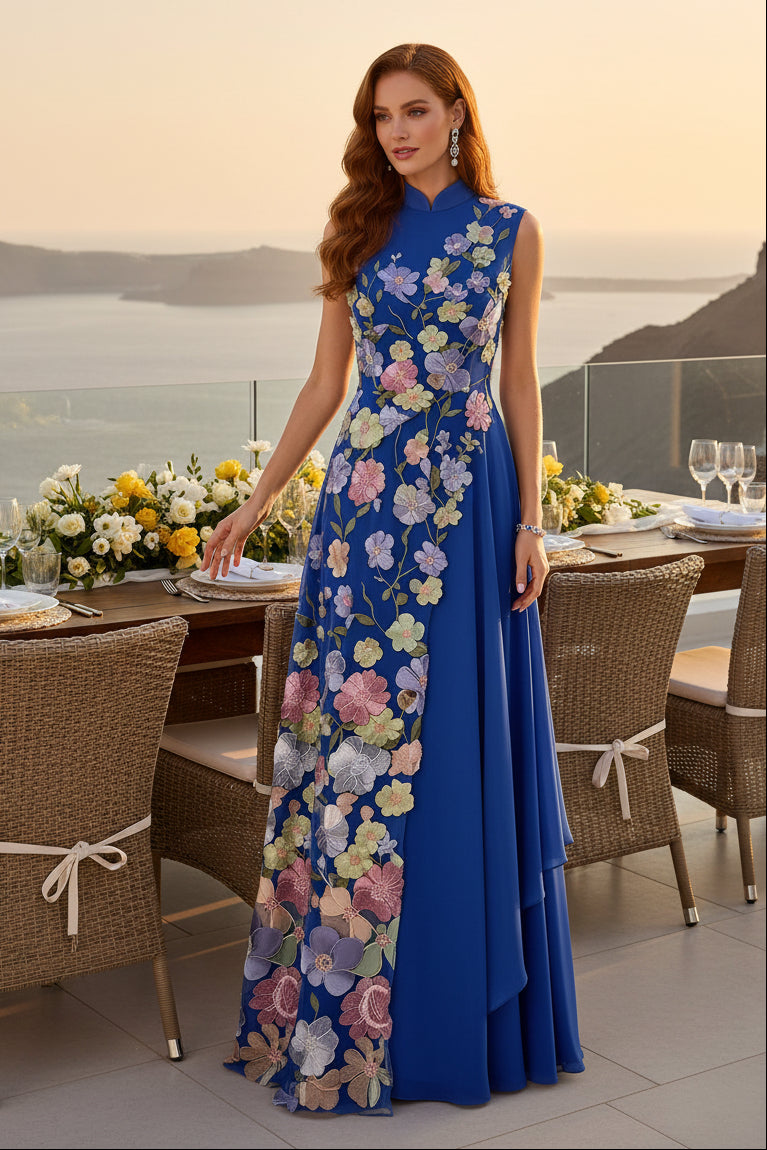 Floral Applique High Neck A-Line Gown