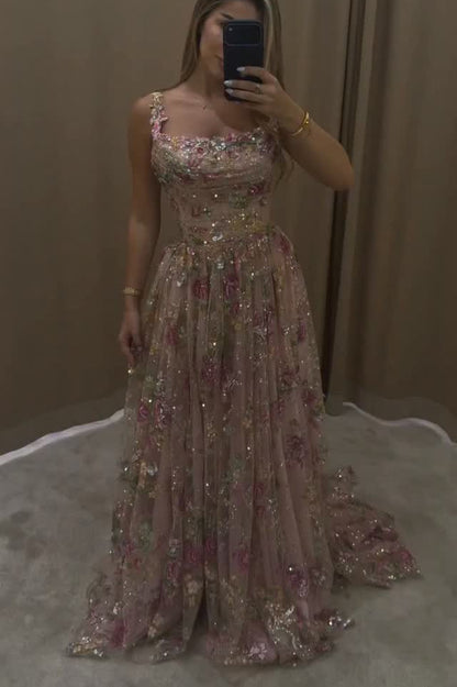 Floral Sequin Square Neck A-Line Gown