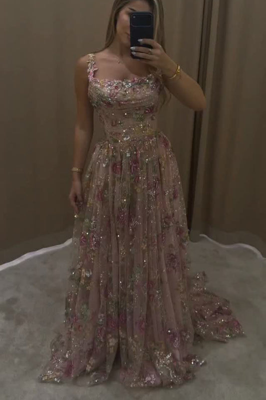 Floral Sequin Square Neck A-Line Gown