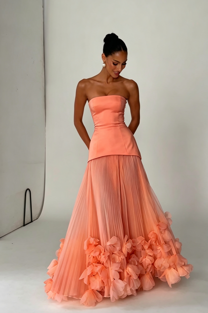 Strapless Pleated Evening Gown with 3D Floral Hem