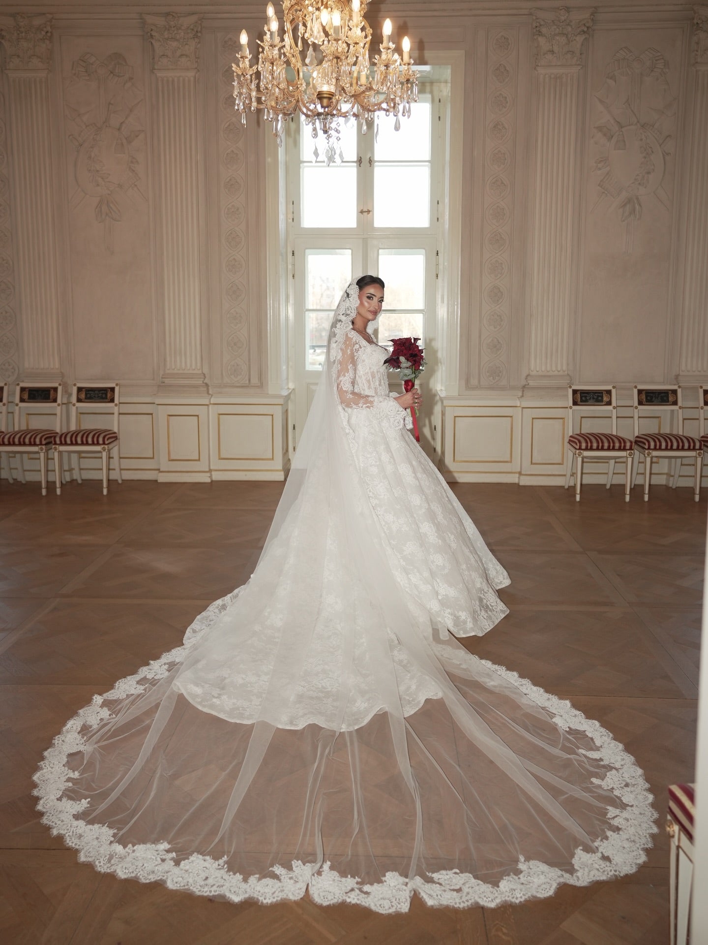Long Sleeve Lace Ball Gown with Cathedral Train
