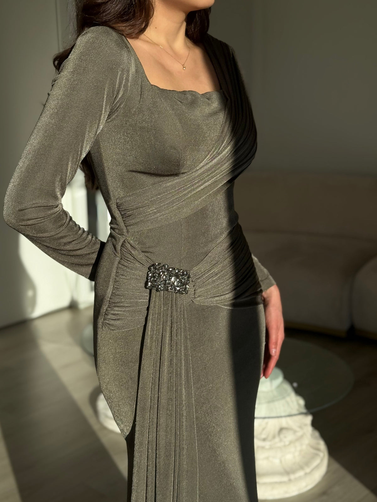 Ruched Long-Sleeve Maxi Dress with Crystal Brooch