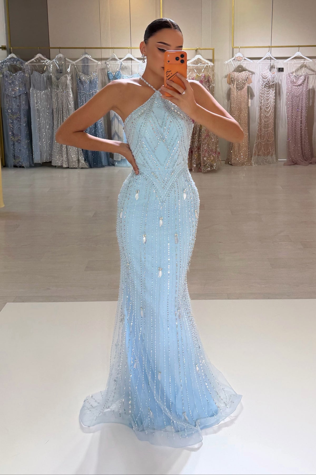 Halter Beaded Mermaid Gown with Diamond Pattern