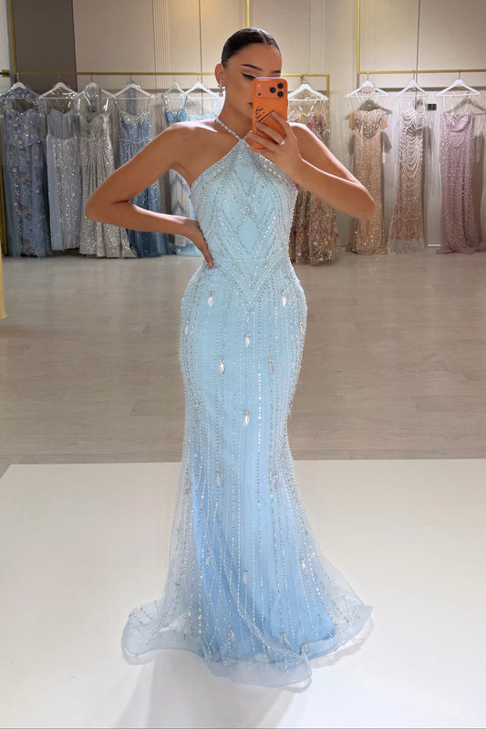 Halter Beaded Mermaid Gown with Diamond Pattern