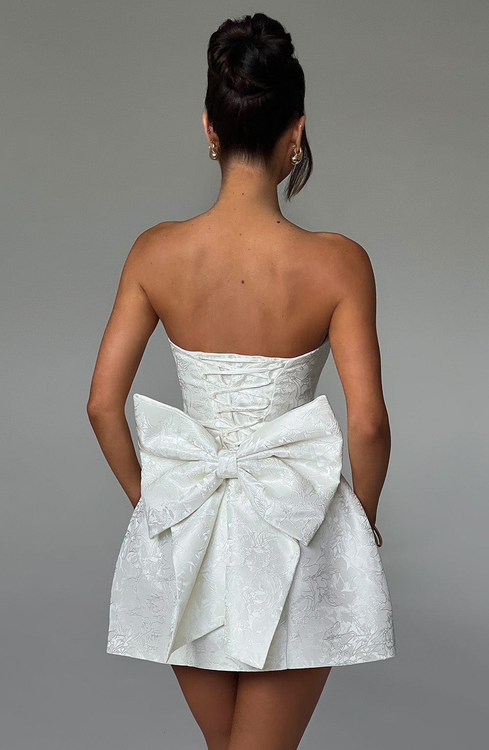 Strapless Jacquard Corset Mini Dress with Bow