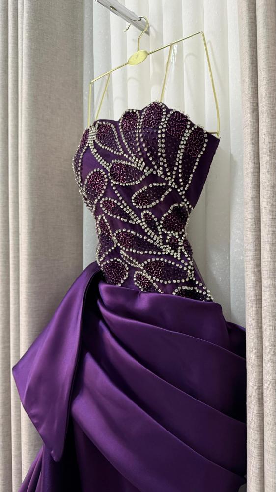 Strapless Beaded Satin Mermaid Evening Gown