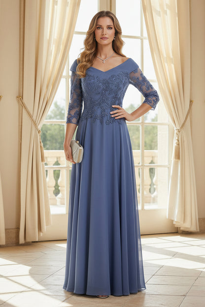 Off-the-Shoulder A-Line Gown with Beaded Lace Sleeves