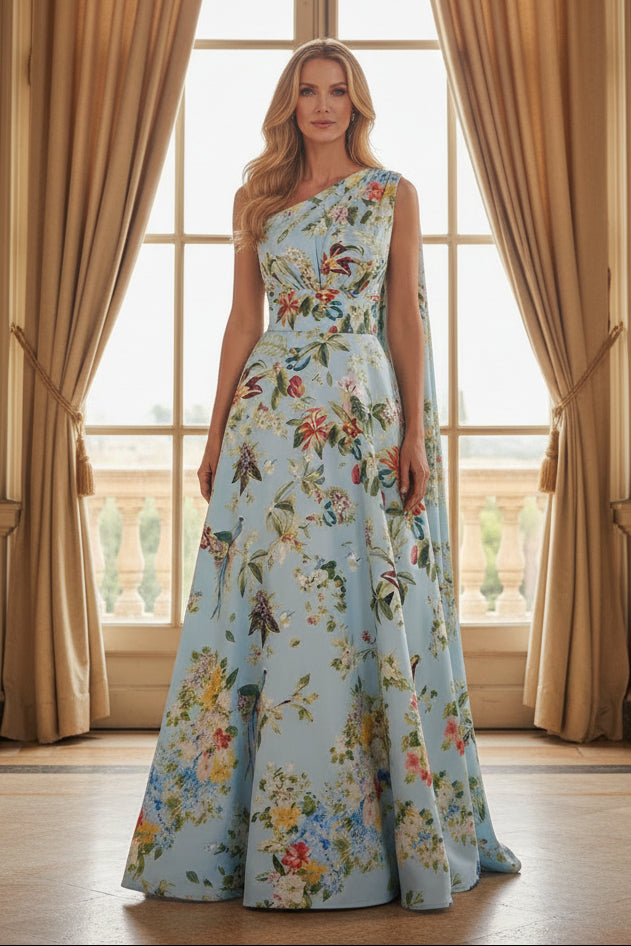 One-Shoulder Floral Print A-Line Gown with Cape Drape