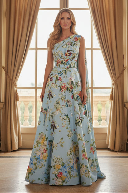 One-Shoulder Floral Print A-Line Gown with Cape Drape