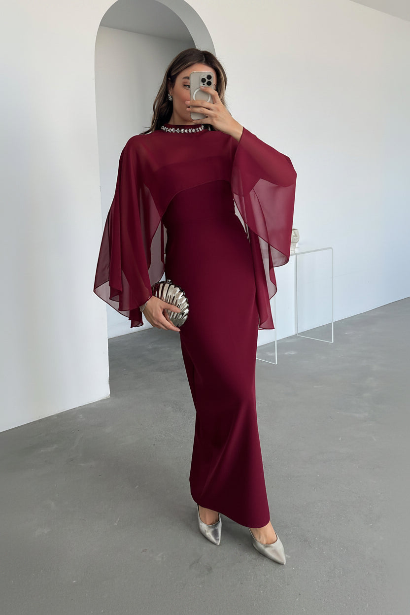 Crystal Neck Sheath Dress with Detachable Cape Sleeves