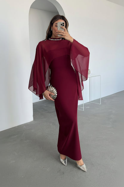 Crystal Neck Sheath Dress with Detachable Cape Sleeves