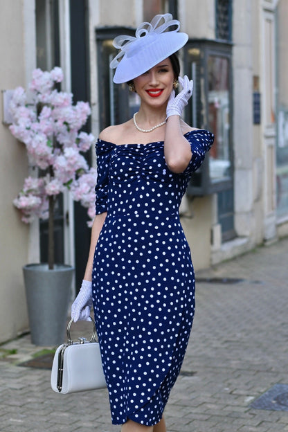 Off-the-Shoulder Polka Dot Midi Sheath Dress