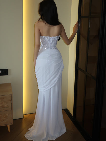 Halter Deep V-Neck Corset Draped Evening Gown