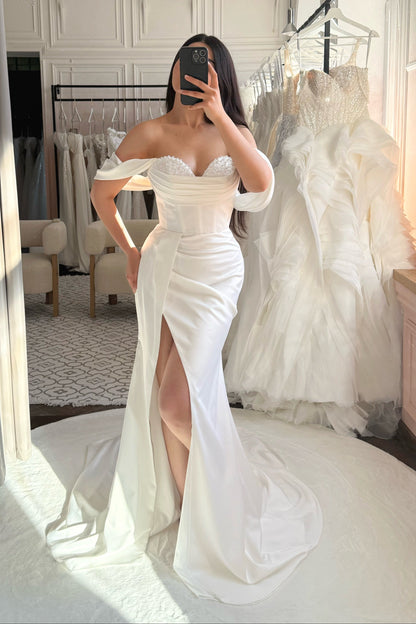 Off-the-Shoulder Corset Wedding Dress with Slit