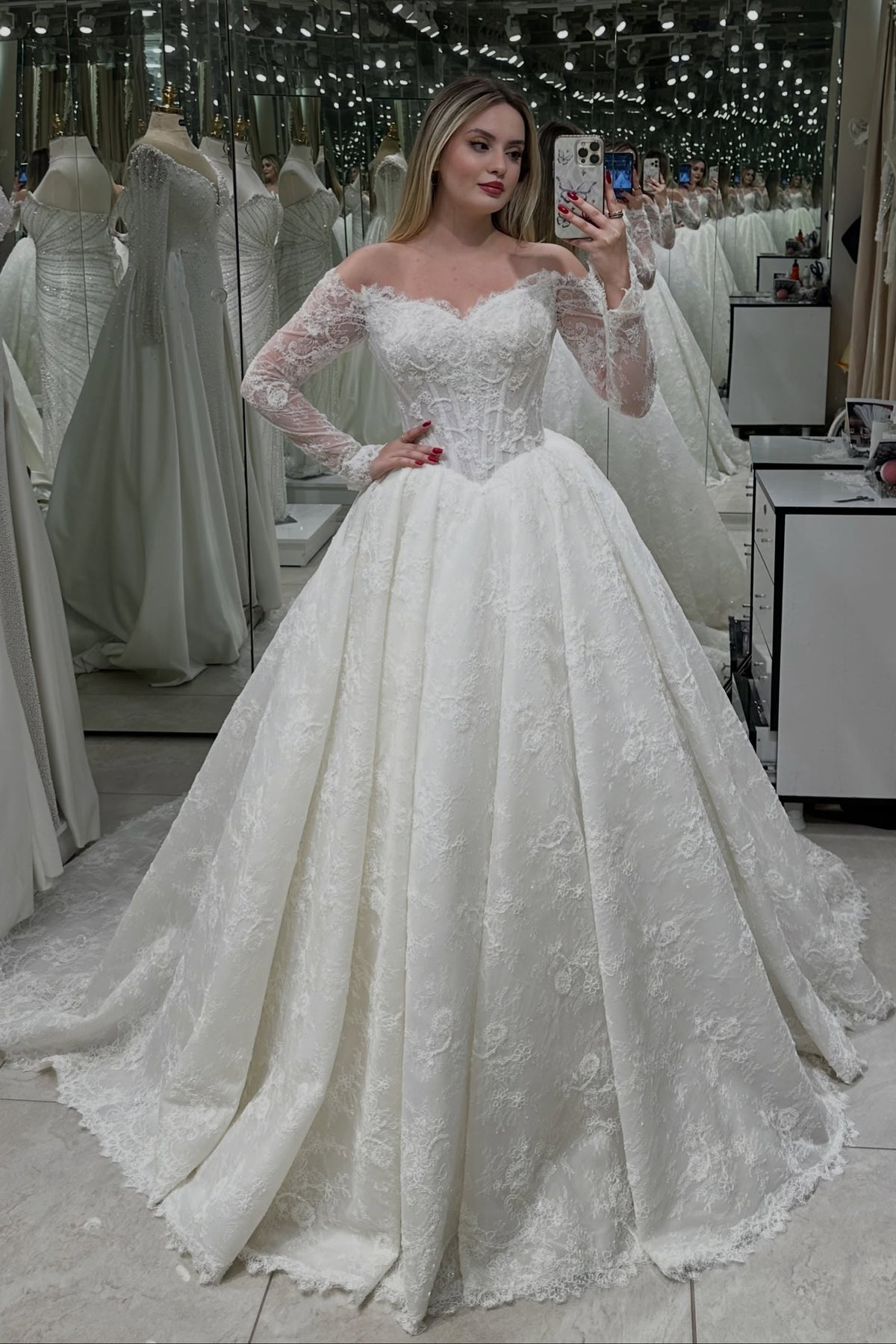 Lace Off-the-Shoulder Corset Ball Gown Wedding Dress