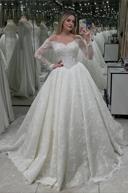 Lace Off-the-Shoulder Corset Ball Gown Wedding Dress