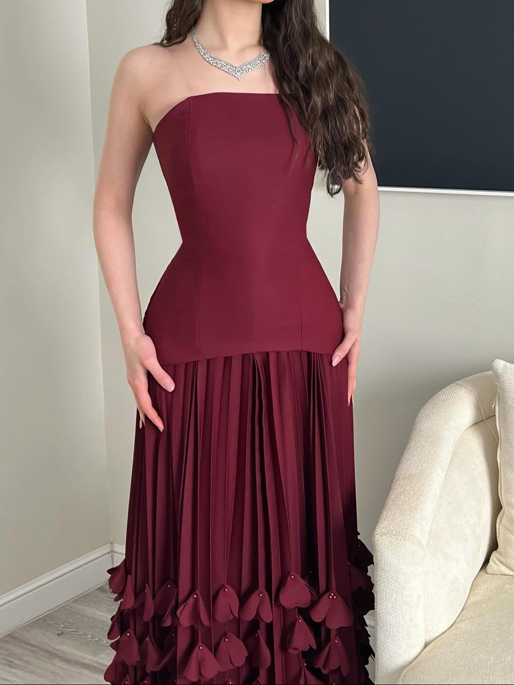 Corset Pleated Evening Gown with Tiered Appliques
