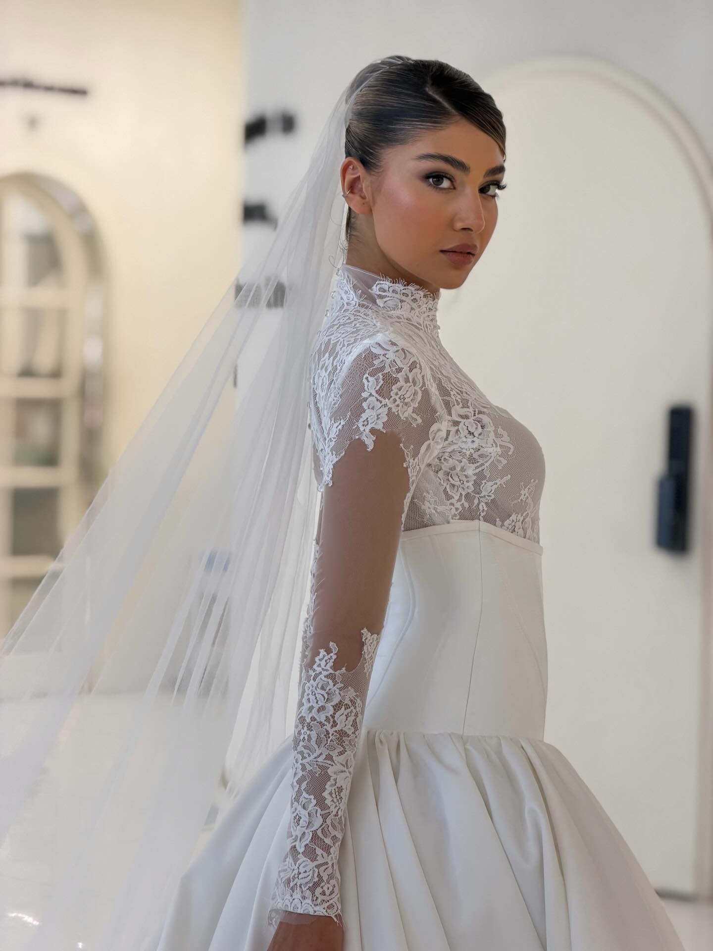 High Neck Lace Bodice Ball Gown Wedding Dress
