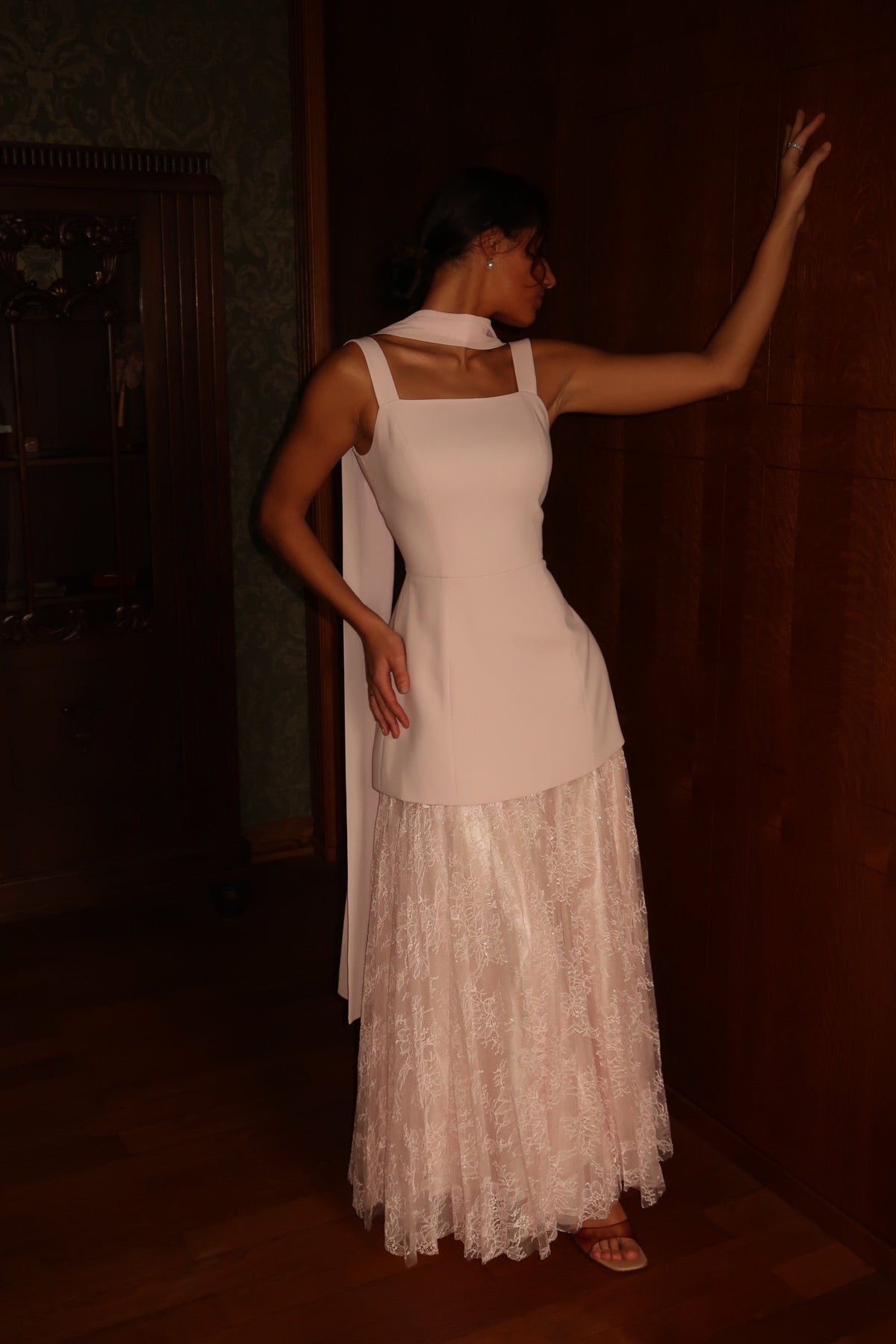 Square Neck Maxi Dress Set with Blazer and Lace Skirt