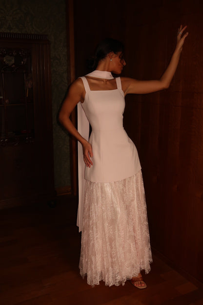 Square Neck Maxi Dress Set with Blazer and Lace Skirt
