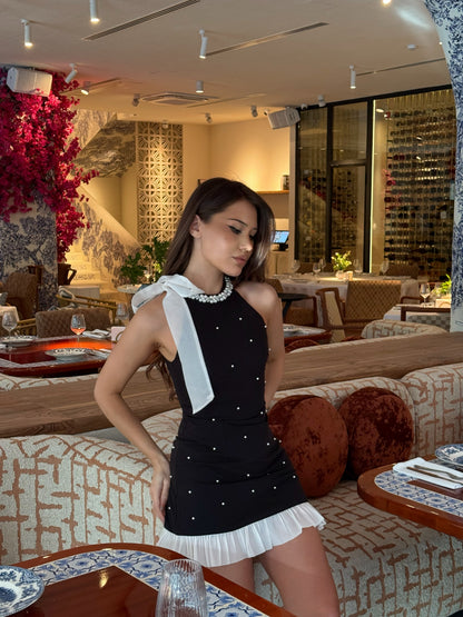 Halter Mini Dress with Bow and Pearl Embellishments