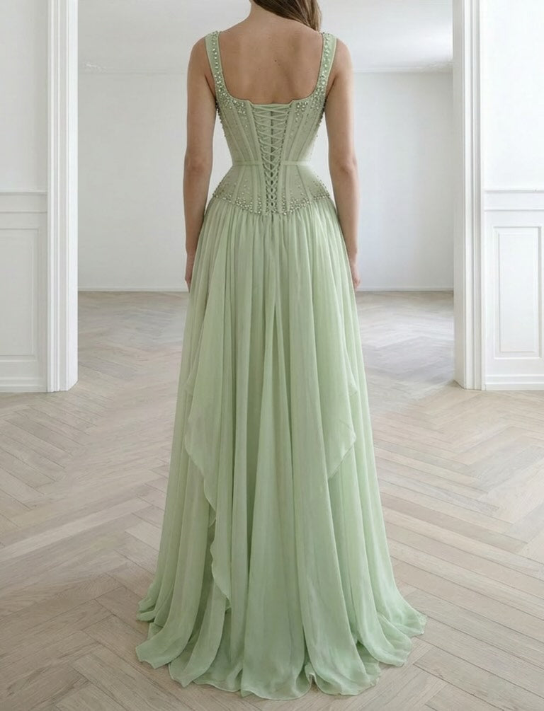 Beaded Corset Chiffon Evening Gown