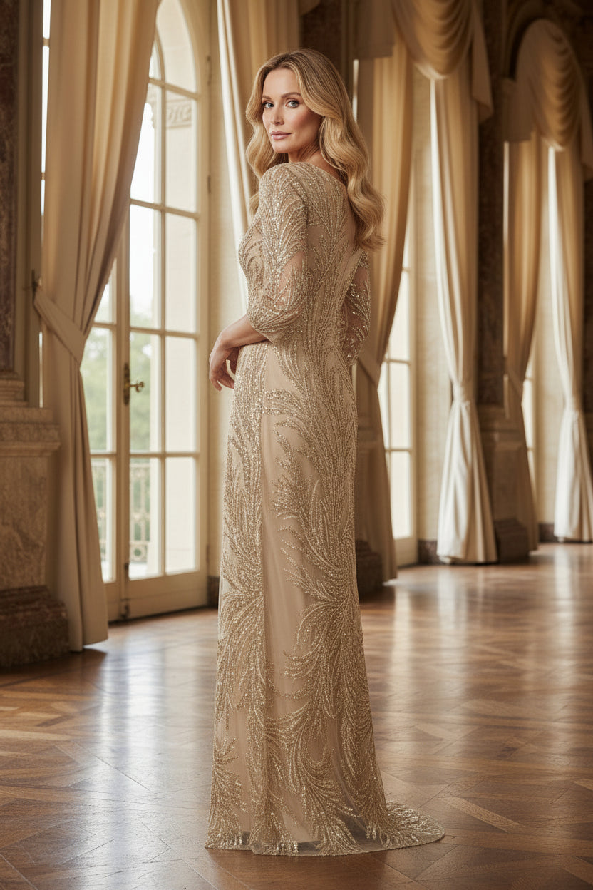 Sequin Embroidered 3/4 Sleeve Column Gown