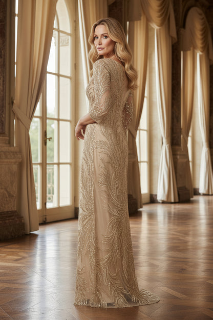 Sequin Embroidered 3/4 Sleeve Column Gown