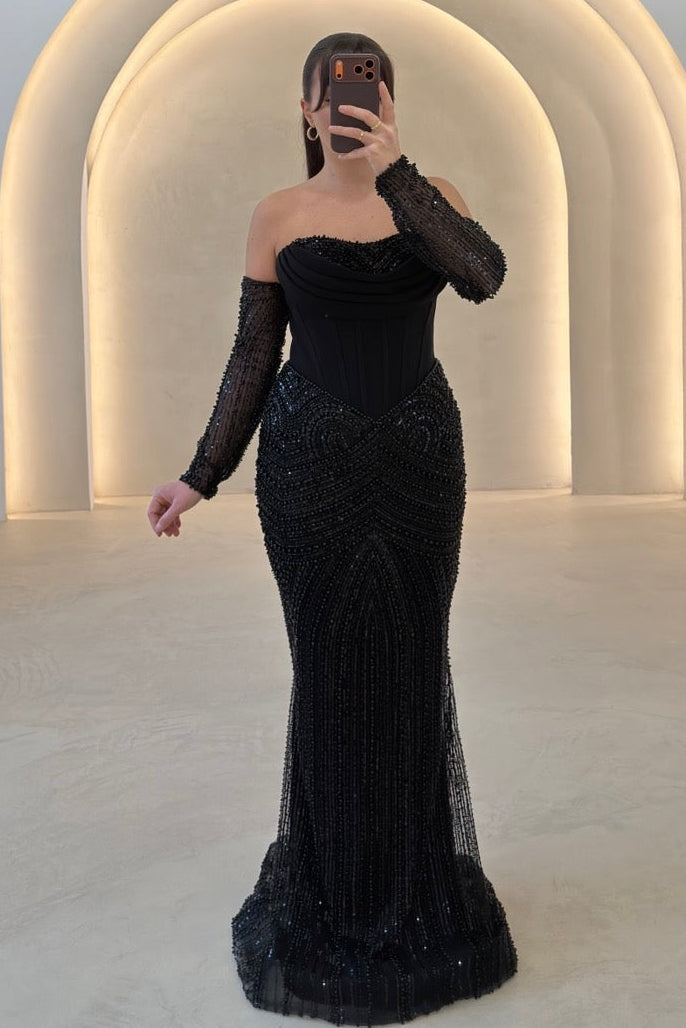Beaded Corset Mermaid Gown with Detached Sleeves