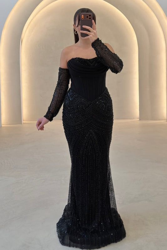 Beaded Corset Mermaid Gown with Detached Sleeves