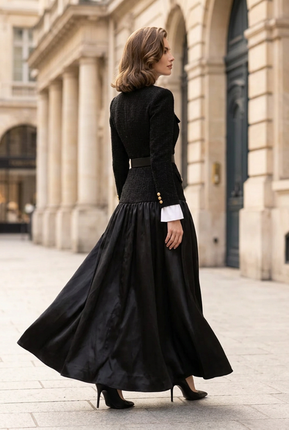 Button-Front Belted Maxi Dress with Contrast Trim