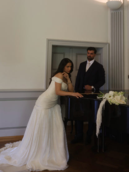 Ruched Drop-Waist Wedding Dress with Train