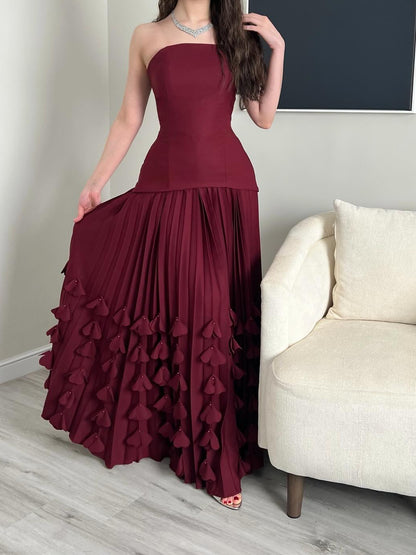 Corset Pleated Evening Gown with Tiered Appliques