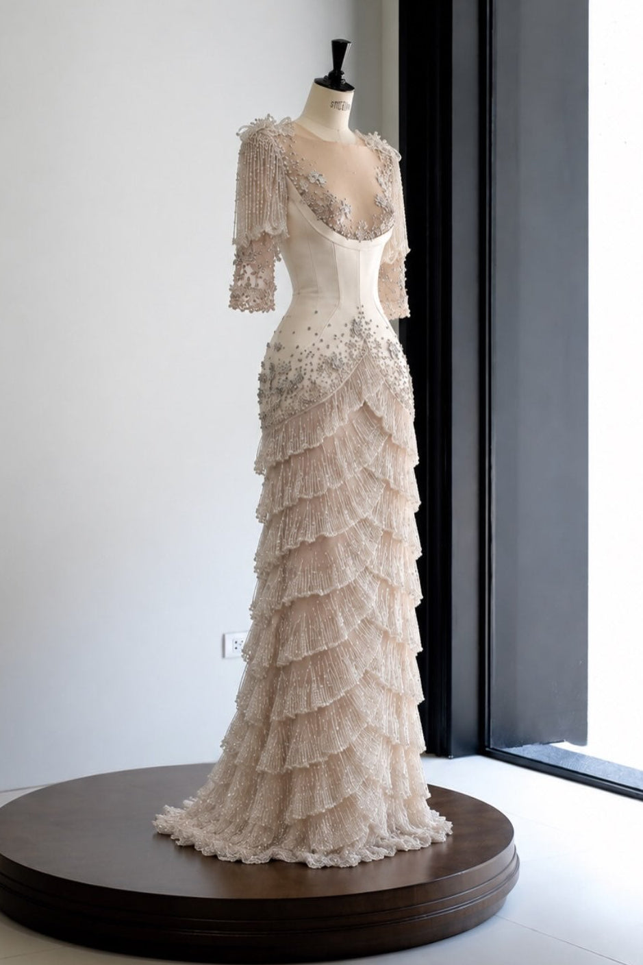 Beaded Fringe Tiered Illusion Evening Gown