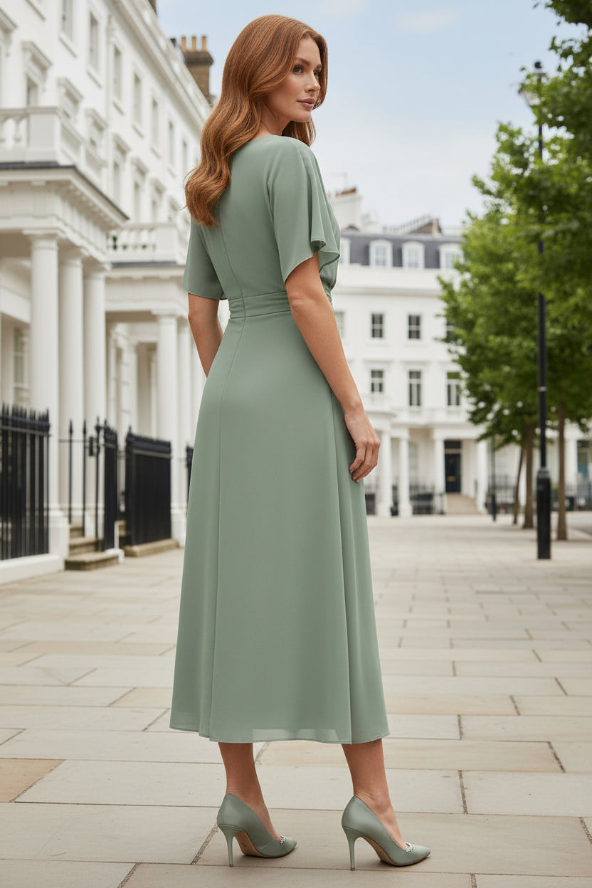A-Line Midi Dress with Ruched Waist and Flutter Sleeves