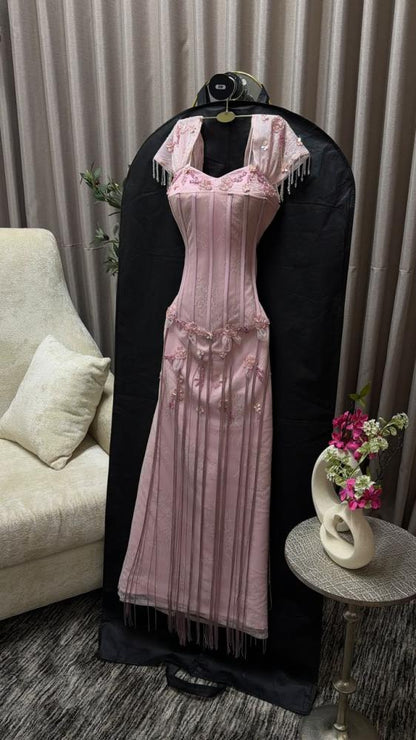 Corset Bodice Fringe Maxi Evening Dress