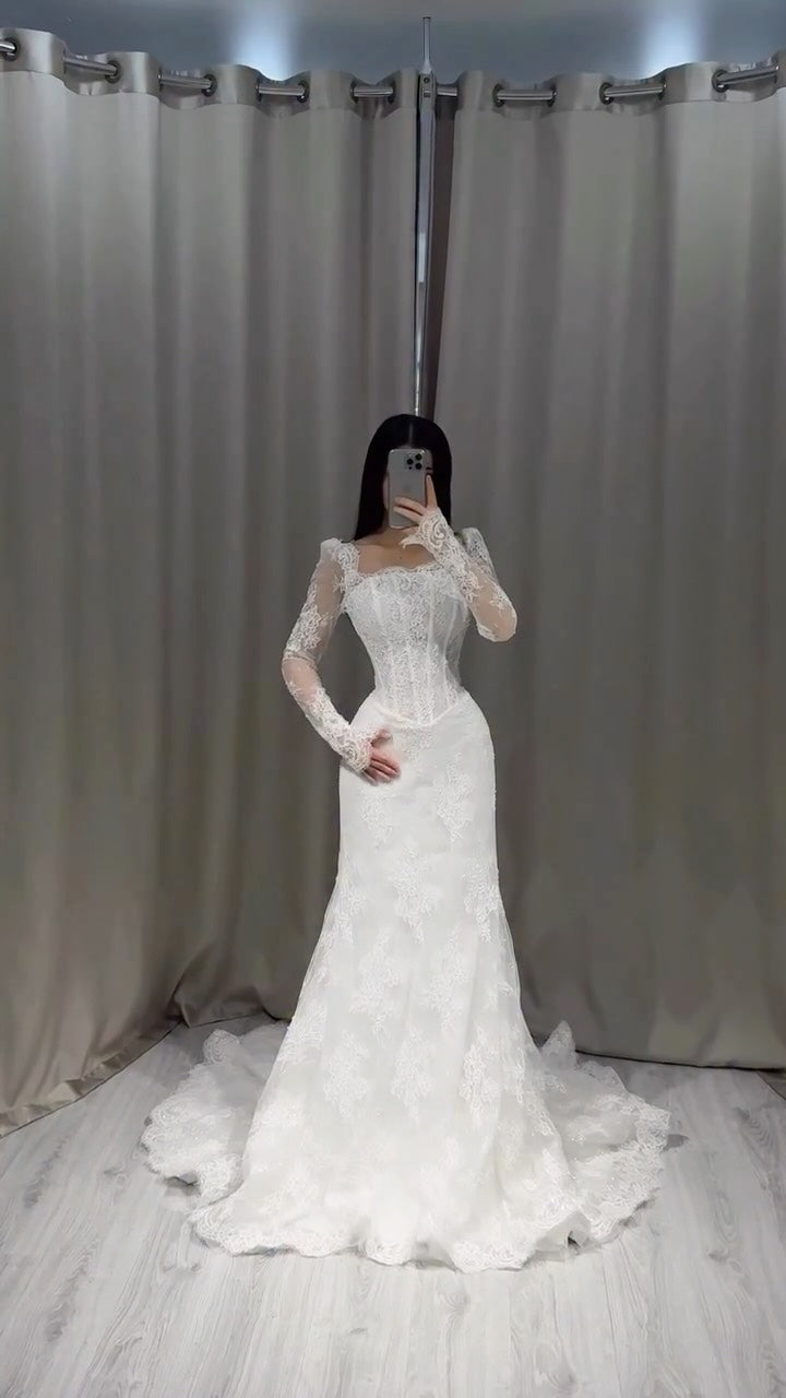 Lace Corset Mermaid Wedding Dress with Sleeves