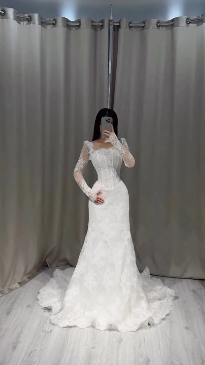 Lace Corset Mermaid Wedding Dress with Sleeves