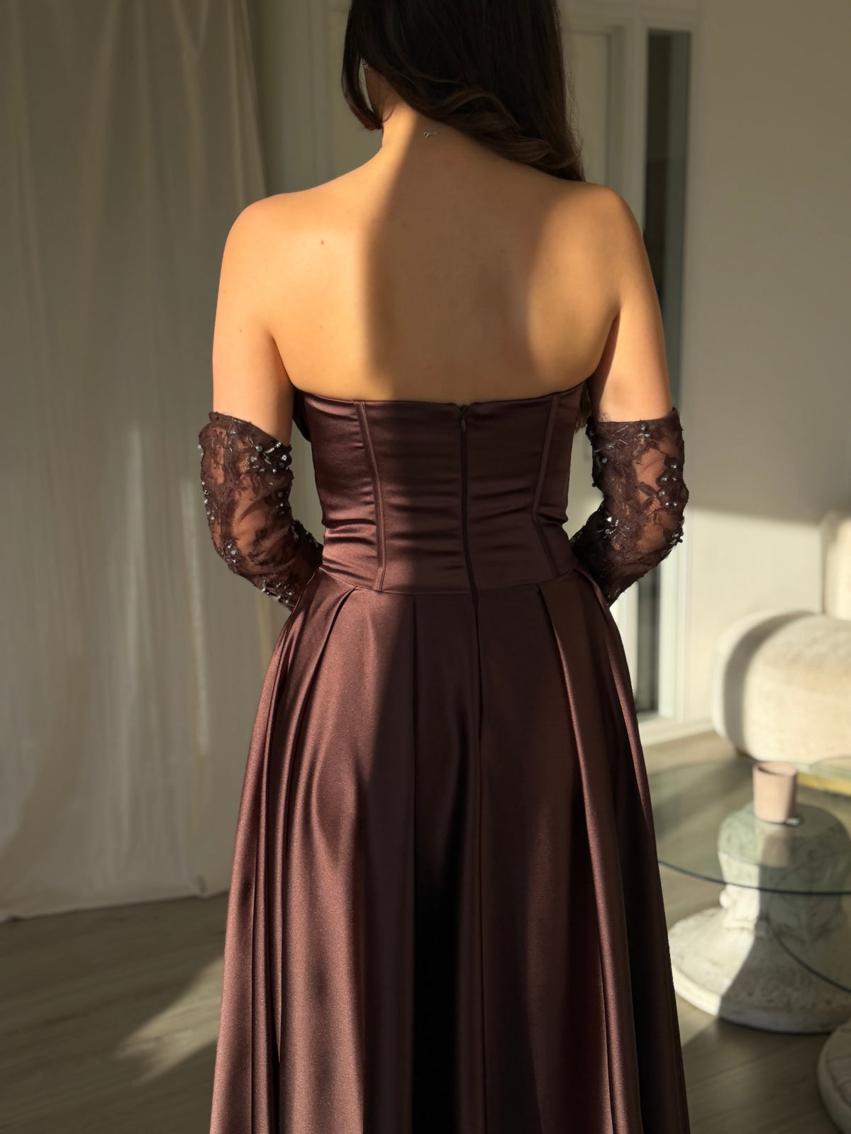 Strapless Corset Satin Ball Gown with Lace Gloves