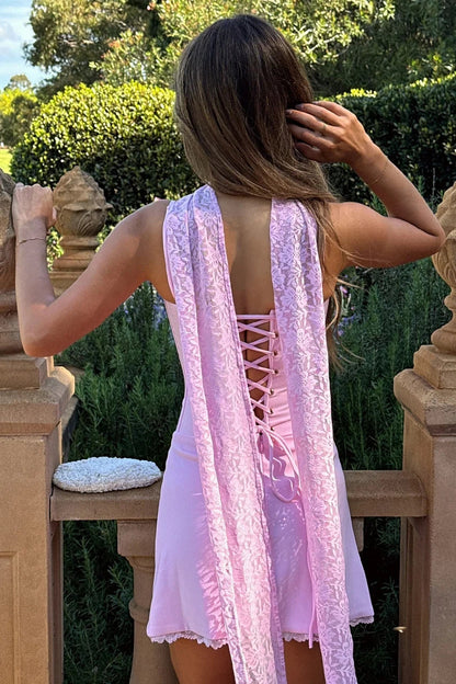 Corset Lace-Trim Mini Dress with Neck Scarf