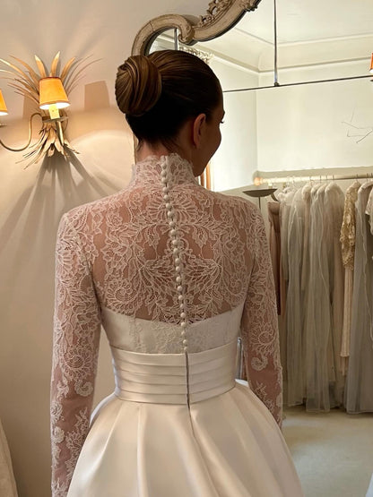 High-Neck Lace and Satin Ball Gown Wedding Dress