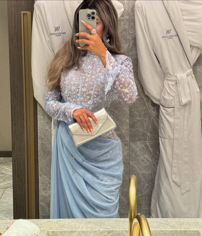 Illusion Long Sleeve Beaded Mermaid Evening Gown