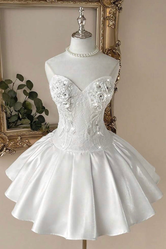 Sweetheart Lace Corset Satin Pleated Mini Dress