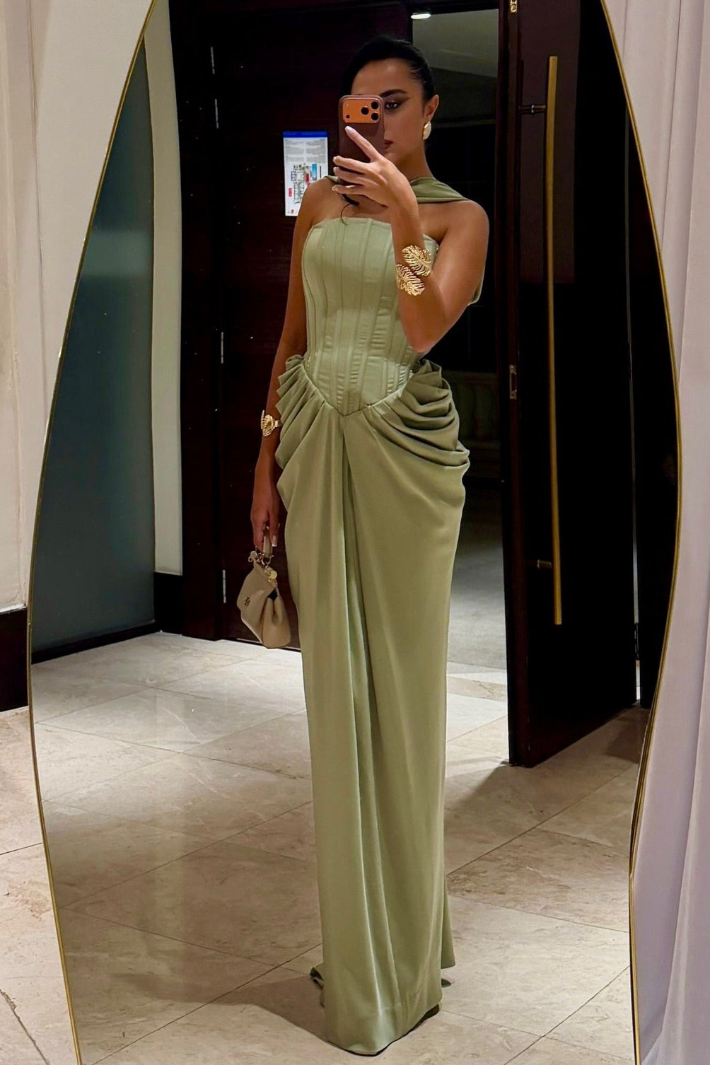 Strapless Corset Draped Column Evening Gown