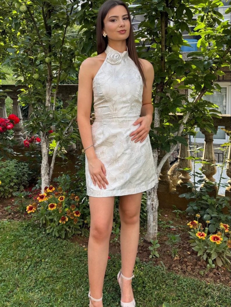Halter High Neck Jacquard Mini Dress with Flower Detail