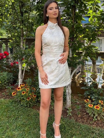 Halter High Neck Jacquard Mini Dress with Flower Detail