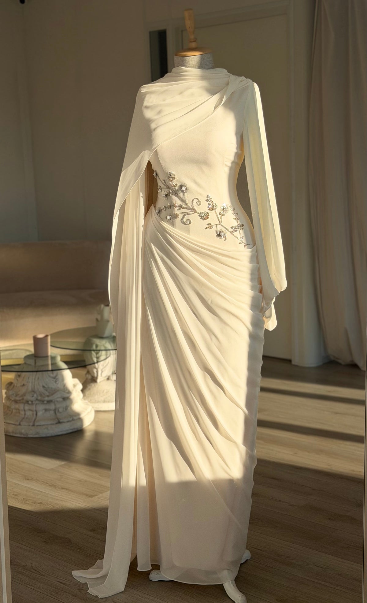 Draped Cape Sleeve Gown with Beaded Waist Detail