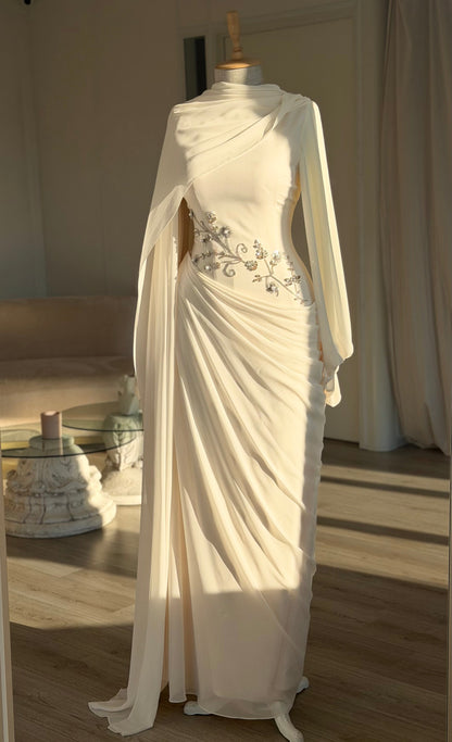 Draped Cape Sleeve Gown with Beaded Waist Detail