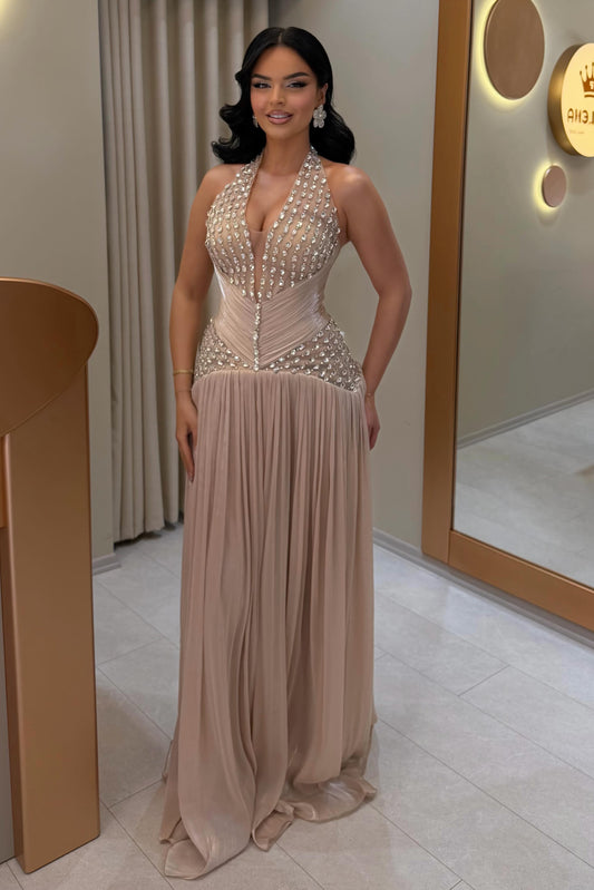 Halter Neck Rhinestone Pleated Evening Gown