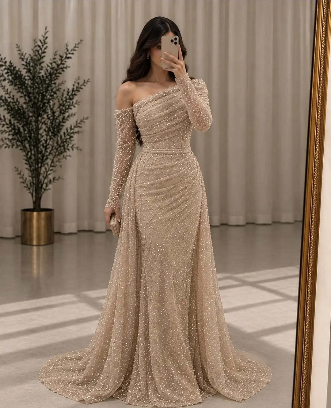 Sequined Asymmetrical Gown with Side Train